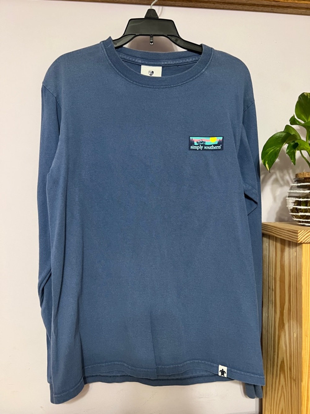 Simply Southern Slate Blue Long Sleeve Tee with Chest Patch